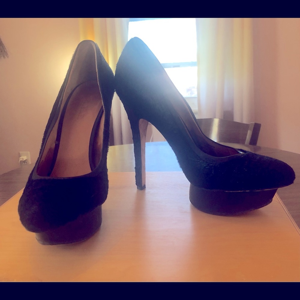 LAMB black platform “fur” pumps 8.5